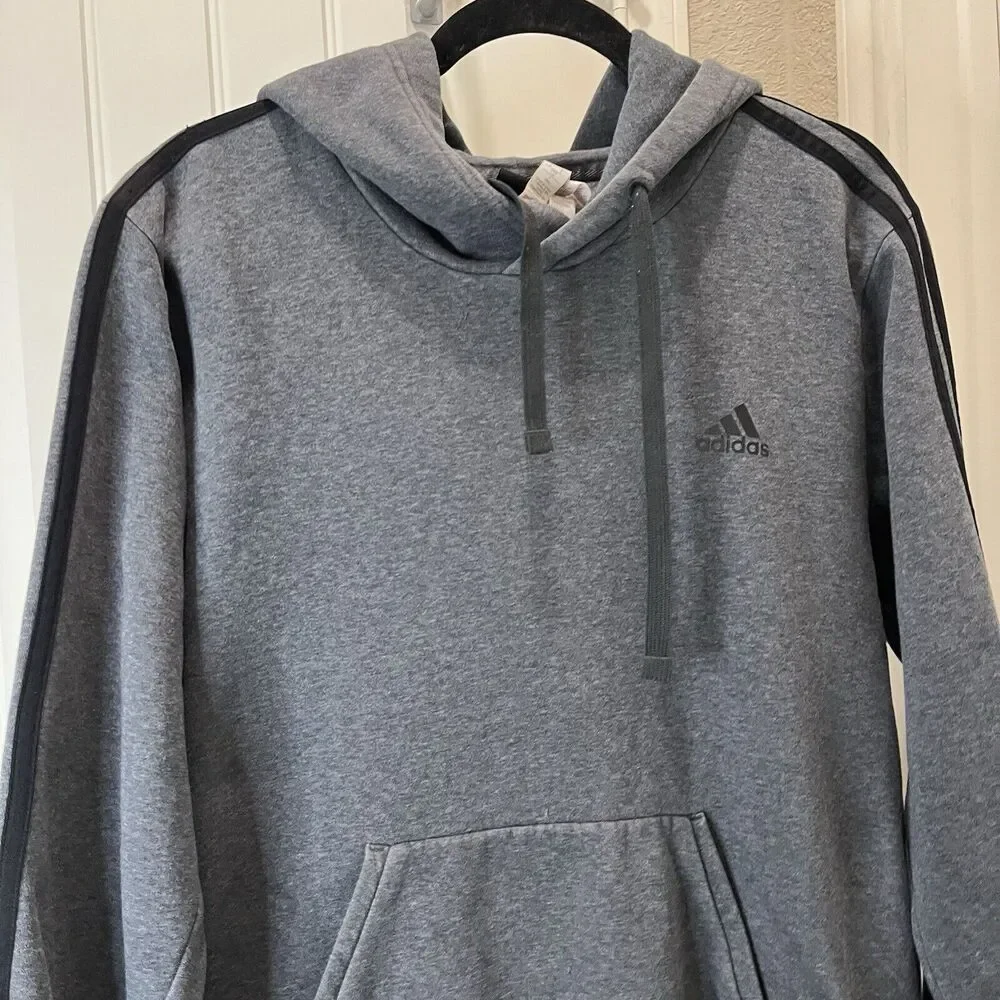 Adidas Gray Black Triple Stripe Pullover Hoodie Sweatshirt Mens Size L